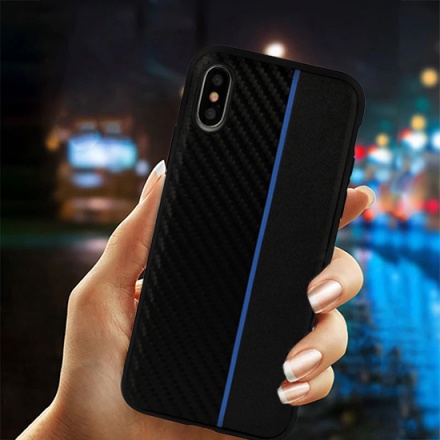 Pouzdro MOTO CARBON Case Samsung A600 Galaxy A6 2018 Černá s modrým pruhem 55349