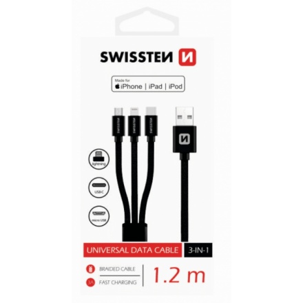 SWISSTEN kabel USB 3v1 microUSB USB-C Lightning MFI 1,2m černá, 72501101