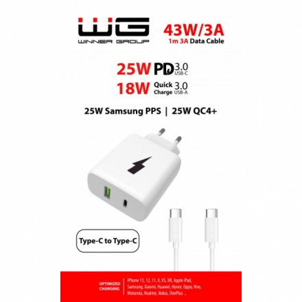 Síťová nabíječka WINNER 2xUSB/25W USB-C PD3.0/PPS/QC4+ 18W - 1m Type C to C kabel (Bílá) 0591194105166