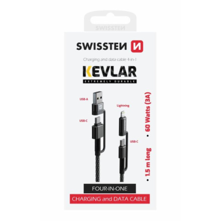 Kabel Swissten Kevlar 4v1, USB-C/USB, USB-C/Lightning, 1,5 m (74501101) antracitový