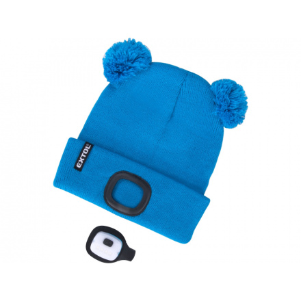 čepice s čelovkou 4x25lm, USB nabíjení, modrá s bambulemi, dětská 43459