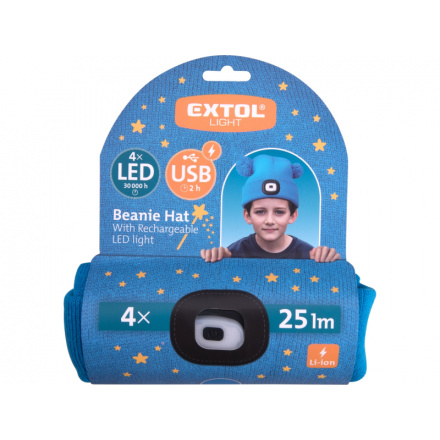 čepice s čelovkou 4x25lm, USB nabíjení, modrá s bambulemi, dětská 43459