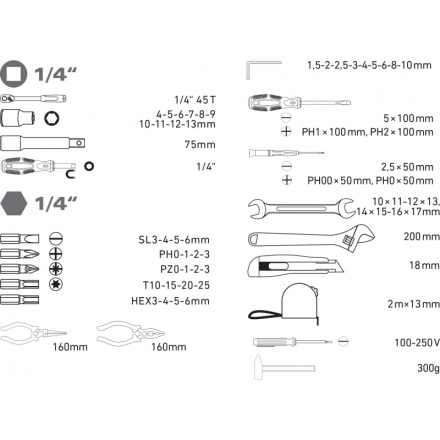 sada nářadí 59ks, 1/4", CrV 6583