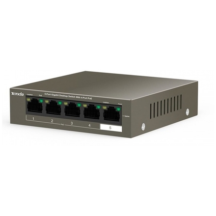 Tenda TEG1105P-4-63W PoE AT switch 4x PoE 802.3af/at, 5x 1 Gb/s, PoE celkem 63W, fanless, PoE+, TEG1105P-4-63W