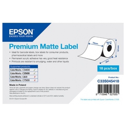 Premium Matte Label Cont.R, 76mm x 35m, MOQ 18ks, C33S045418