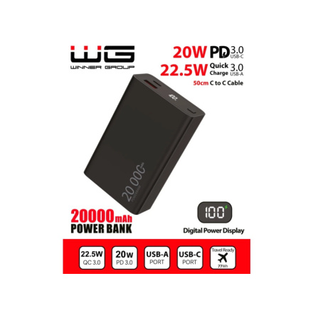 Powerbank 20000 mAh/PD USB-C 20W/USB-A 22.5W/black, 12930