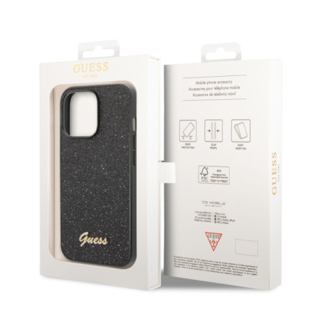 Guess PC/TPU Glitter Flakes Metal Logo Zadní Kryt pro iPhone 14 Pro Max Black, GUHCP14XHGGSHK