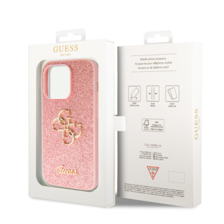 Guess PU Fixed Glitter 4G Metal Logo Zadní Kryt pro iPhone 15 Pro Pink, GUHCP15LHG4SGP