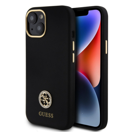 Guess Liquid Silicone 4G Strass Metal Logo Zadní Kryt pro iPhone 15 Black, GUHCP15SM4DGPK