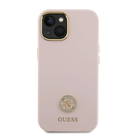 Guess Liquid Silicone 4G Strass Metal Logo Zadní Kryt pro iPhone 15 Pink, GUHCP15SM4DGPP