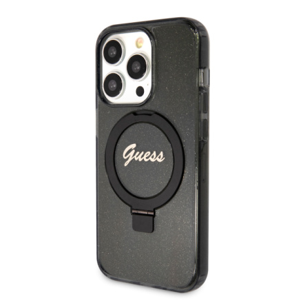 Guess IML Ring Stand Glitter MagSafe Zadní Kryt pro iPhone 15 Pro Max Black, GUHMP15XHRSGSK