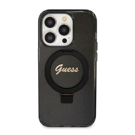 Guess IML Ring Stand Glitter MagSafe Zadní Kryt pro iPhone 15 Pro Max Black, GUHMP15XHRSGSK