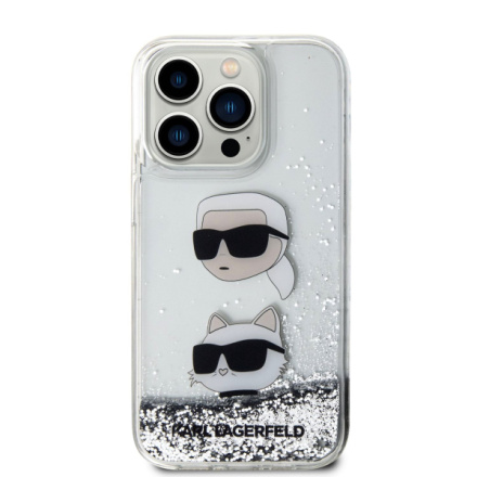 Karl Lagerfeld Liquid Glitter Karl and Choupette Head Zadní Kryt pro iPhone 15 Pro Silver, KLHCP15LLDHKCNS