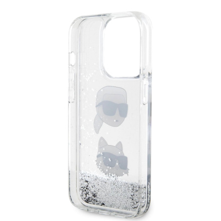Karl Lagerfeld Liquid Glitter Karl and Choupette Head Zadní Kryt pro iPhone 15 Pro Silver, KLHCP15LLDHKCNS