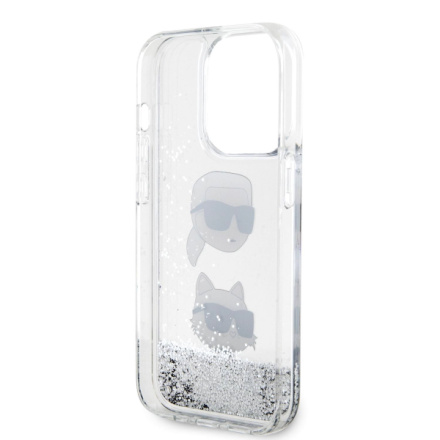 Karl Lagerfeld Liquid Glitter Karl and Choupette Head Zadní Kryt pro iPhone 15 Pro Max Silver, KLHCP15XLDHKCNS