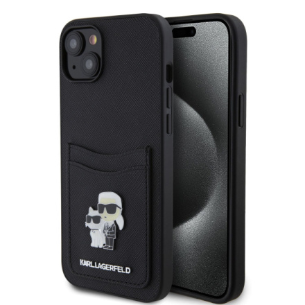 Karl Lagerfeld PU Saffiano Card Slot Metal Karl and Choupette Zadní Kryt pro iPhone 15 Black, KLHCP15SSAPKCNPK