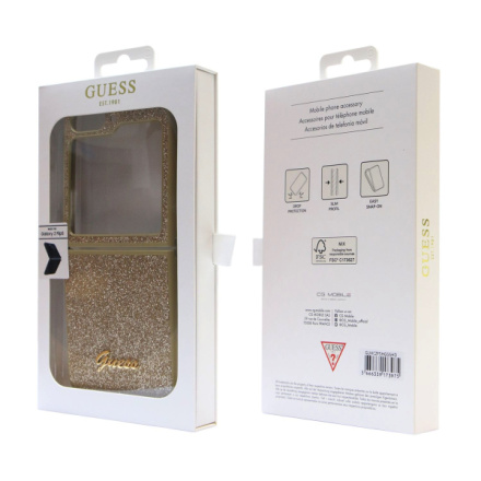 Guess PC/TPU Glitter Flakes Metal Logo Zadní Kryt pro Samsung Galaxy Z Flip 5 Gold, GUHCZF5HGGSHD