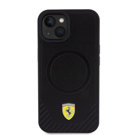 Ferrari PU Leather Bottom Carbon MagSafe Zadní Kryt pro iPhone 15 Plus Black, FEHMP15MPTEK