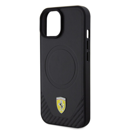 Ferrari PU Leather Bottom Carbon MagSafe Zadní Kryt pro iPhone 15 Plus Black, FEHMP15MPTEK