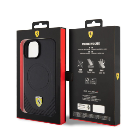 Ferrari PU Leather Bottom Carbon MagSafe Zadní Kryt pro iPhone 15 Plus Black, FEHMP15MPTEK