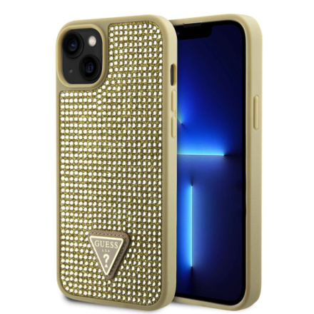 Guess Rhinestones Triangle Metal Logo Kryt pro iPhone 15 Gold, GUHCP15SHDGTPD