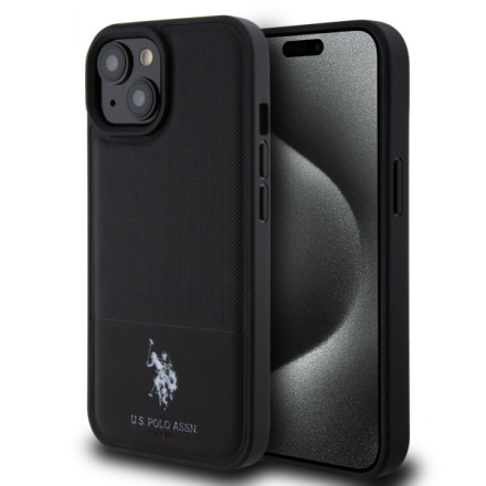 U.S. Polo PU Leather Mesh Pattern Double Horse Zadní Kryt pro iPhone 15 Black, USHCP15SPMAK