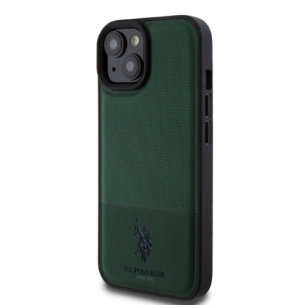 U.S. Polo PU Leather Mesh Pattern Double Horse Zadní Kryt pro iPhone 15 Green, USHCP15SPMAN