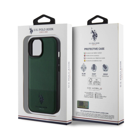 U.S. Polo PU Leather Mesh Pattern Double Horse Zadní Kryt pro iPhone 15 Green, USHCP15SPMAN