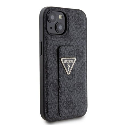 Guess PU Grip Stand 4G Strass Triangle Metal Logo Zadní Kryt pro iPhone 15 Black, GUHCP15SPGS4TDK