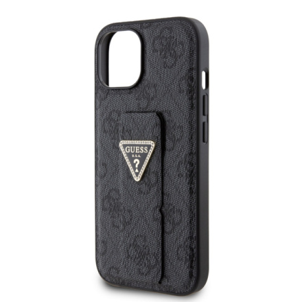 Guess PU Grip Stand 4G Strass Triangle Metal Logo Zadní Kryt pro iPhone 15 Black, GUHCP15SPGS4TDK