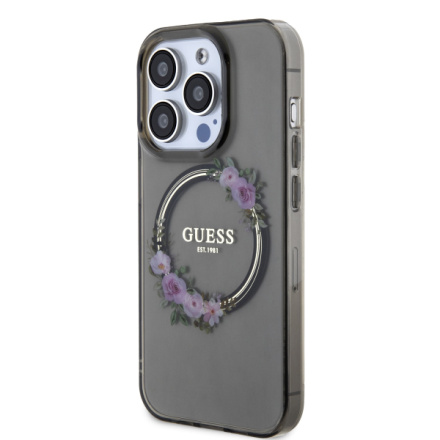 Guess PC/TPU Flowers Ring Glossy Logo MagSafe Zadní Kryt pro iPhone 13 Pro Black , GUHMP13LHFWFCK