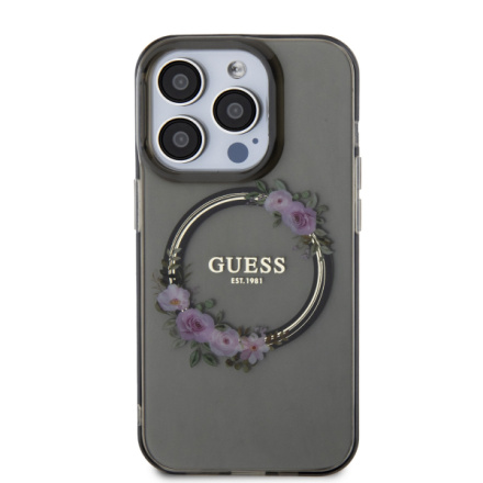 Guess PC/TPU Flowers Ring Glossy Logo MagSafe Zadní Kryt pro iPhone 15 Pro Black , GUHMP15LHFWFCK