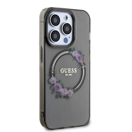 Guess PC/TPU Flowers Ring Glossy Logo MagSafe Zadní Kryt pro iPhone 15 Pro Max Black , GUHMP15XHFWFCK