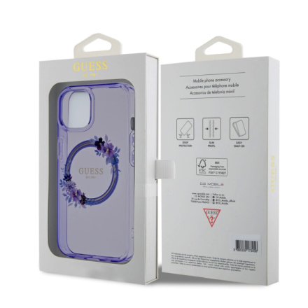 Guess PC/TPU Flowers Ring Glossy Logo MagSafe Zadní Kryt pro iPhone 15 Purple, GUHMP15SHFWFCU