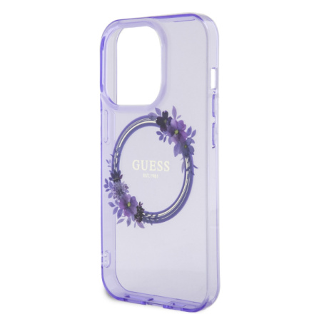 Guess PC/TPU Flowers Ring Glossy Logo MagSafe Zadní Kryt pro iPhone 15 Pro Purple, GUHMP15LHFWFCU