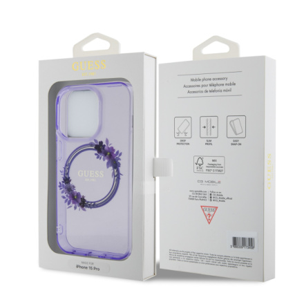 Guess PC/TPU Flowers Ring Glossy Logo MagSafe Zadní Kryt pro iPhone 15 Pro Purple, GUHMP15LHFWFCU