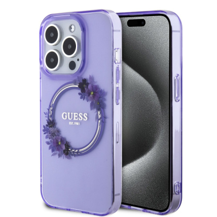 Guess PC/TPU Flowers Ring Glossy Logo MagSafe Zadní Kryt pro iPhone 15 Pro Max Purple, GUHMP15XHFWFCU