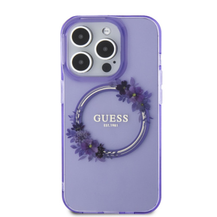 Guess PC/TPU Flowers Ring Glossy Logo MagSafe Zadní Kryt pro iPhone 15 Pro Max Purple, GUHMP15XHFWFCU