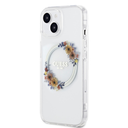 Guess PC/TPU Flowers Ring Glossy Logo MagSafe Zadní Kryt pro iPhone 15 Transparent, GUHMP15SHFWFCT