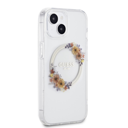 Guess PC/TPU Flowers Ring Glossy Logo MagSafe Zadní Kryt pro iPhone 15 Transparent, GUHMP15SHFWFCT