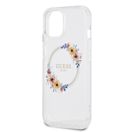 Guess PC/TPU Flowers Ring Glossy Logo MagSafe Zadní Kryt pro iPhone 15 Transparent, GUHMP15SHFWFCT