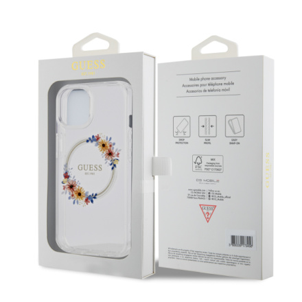 Guess PC/TPU Flowers Ring Glossy Logo MagSafe Zadní Kryt pro iPhone 15 Transparent, GUHMP15SHFWFCT