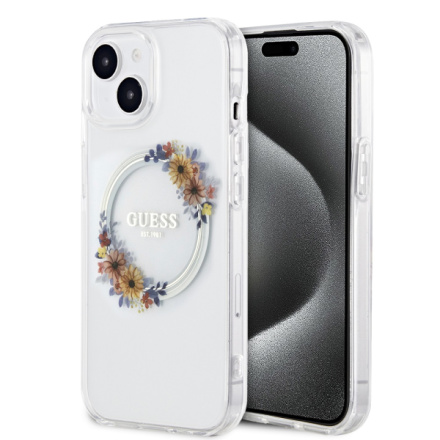 Guess PC/TPU Flowers Ring Glossy Logo MagSafe Zadní Kryt pro iPhone 15 Plus Transparent, GUHMP15MHFWFCT