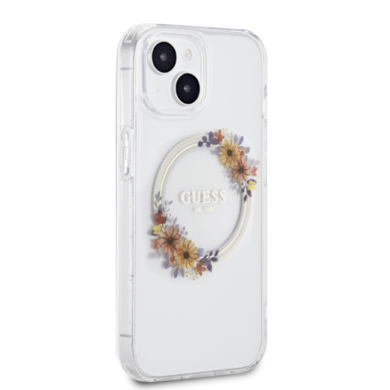 Guess PC/TPU Flowers Ring Glossy Logo MagSafe Zadní Kryt pro iPhone 15 Plus Transparent, GUHMP15MHFWFCT