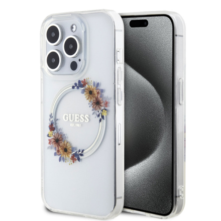 Guess PC/TPU Flowers Ring Glossy Logo MagSafe Zadní Kryt pro iPhone 15 Pro Transparent, GUHMP15LHFWFCT