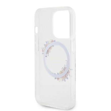 Guess PC/TPU Flowers Ring Glossy Logo MagSafe Zadní Kryt pro iPhone 15 Pro Max Transparent, GUHMP15XHFWFCT