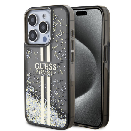 Guess PC/TPU Liquid Glitter Gold Stripe Zadní Kryt pro iPhone 15 Pro Black, GUHCP15LLFCSEGK