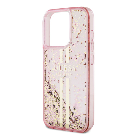 Guess PC/TPU Liquid Glitter Gold Stripe Zadní Kryt pro iPhone 15 Pro Pink, GUHCP15LLFCSEGP