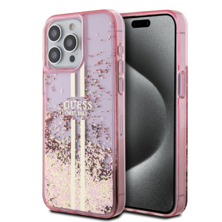 Guess PC/TPU Liquid Glitter Gold Stripe Zadní Kryt pro iPhone 15 Pro Max Pink, GUHCP15XLFCSEGP