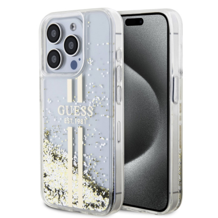 Guess PC/TPU Liquid Glitter Gold Stripe Zadní Kryt pro iPhone 15 Pro Max Transparent, GUHCP15XLFCSEGT